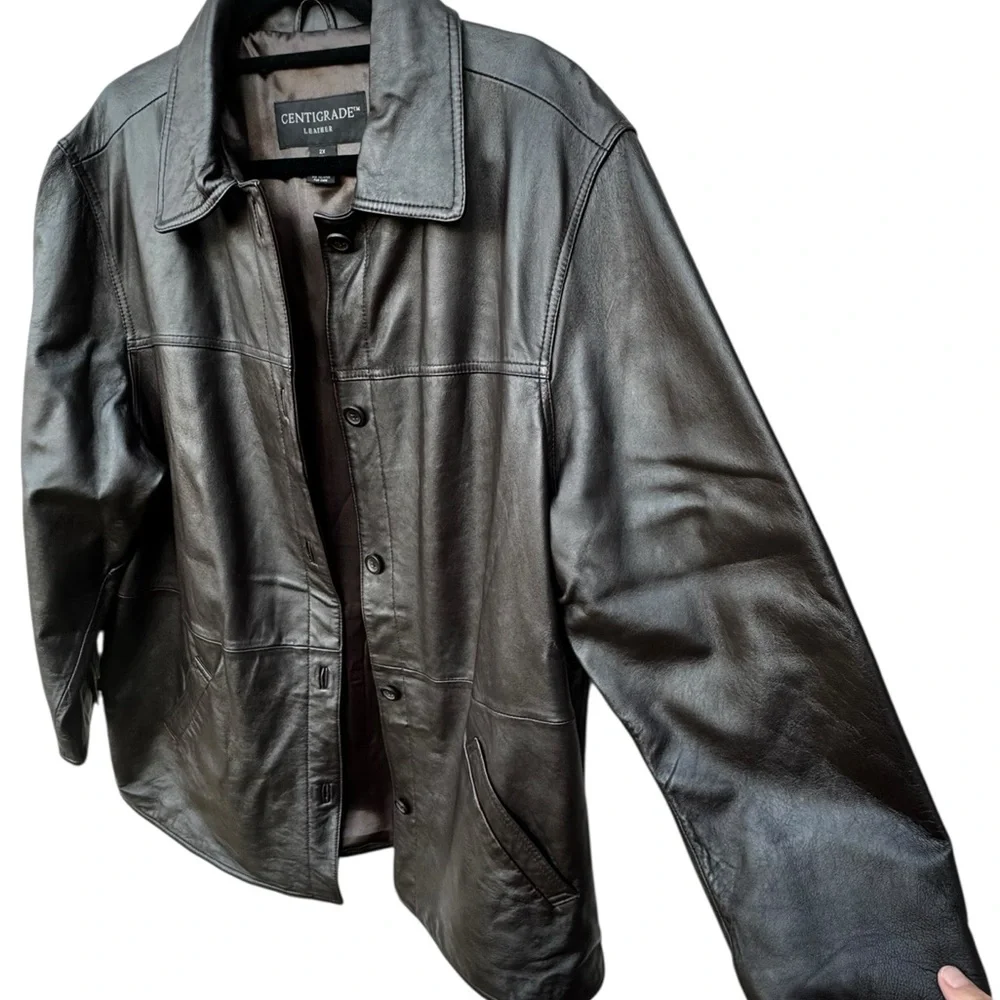 Leather Brown Button-Front Coat size 2X - Picture 4 of 12